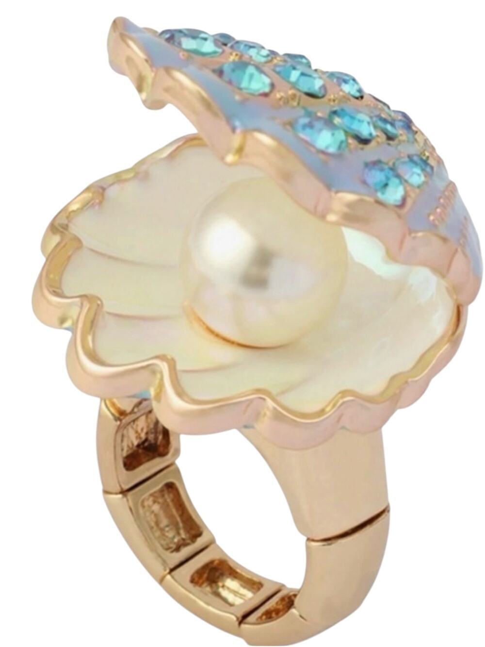 Betsey Johnson Clam Shell Stretch Cocktail Ring Gold Tone Blue Crystal Pearl